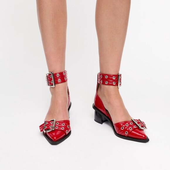Like new Ganni Feminine Buckle Open Cut Pump Racing Red leather block heel - Picture 8 of 10